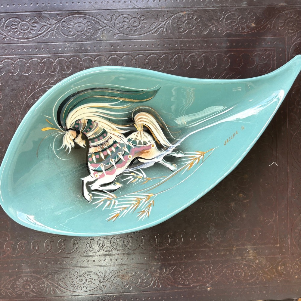 Sascha Brastoff California Pottery Dish Turquoise Atomic MCM Dragon Signed 13"